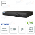 4-Channel PoE 12MP IP NVR - 4 Ports 40/80 Mbps Two-Way Audio H.256+ - Hyundai