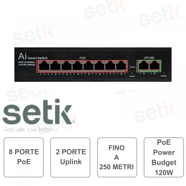 Switch 8 ports PoE + 2 ports uplink - distance max. 250 mètres - Setik