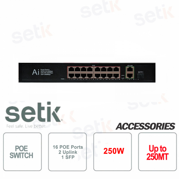 Switch Poe 16 ports PoE 10/100Mbps + 2 liaisons montantes 10/100/1000Mbps + 1 SFP 10/100/1000Mbps 250W - Setik