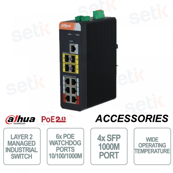 Switch réseau industriel - 10 ports 6 PoE Watchdog 10/100/1000Mbps + 4 ports SFP 1000M