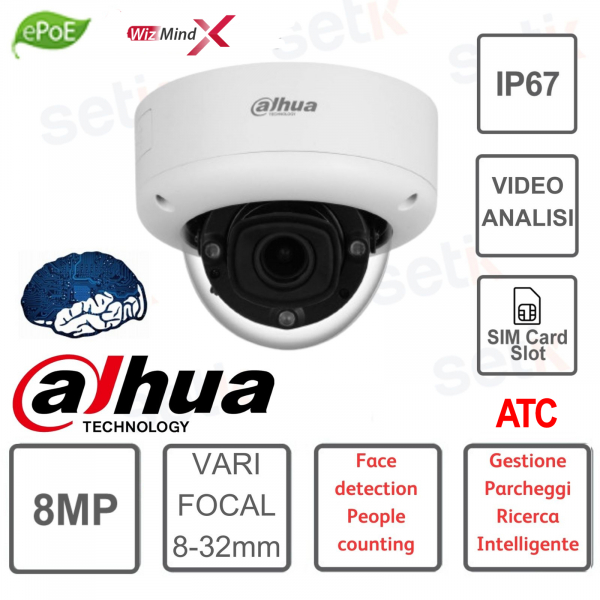 Caméra IP dôme 8MP avec optique à focale variable Analyse vidéo WizMindX ATC 8-32 mm - Dahua