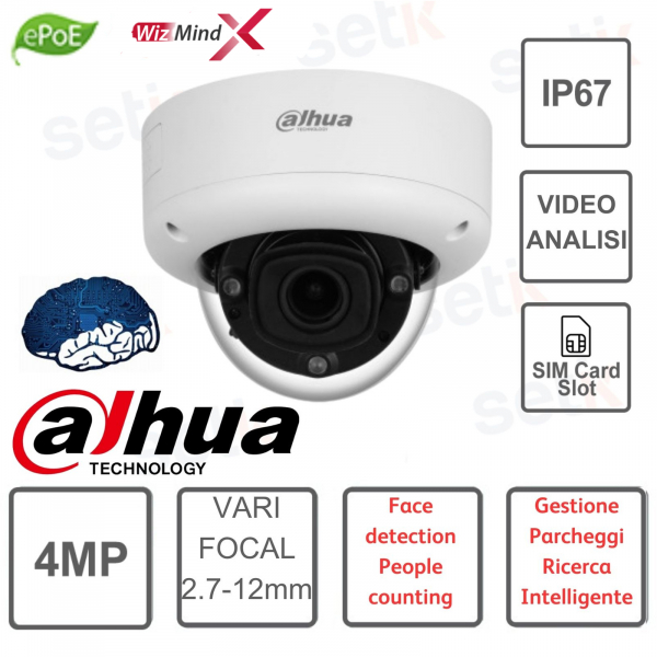 Cámara domo IP varifocal de 4MP 2.7-12mm WizMindX con análisis de vídeo - Dahua