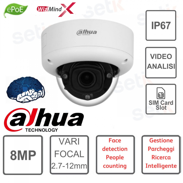 WizMindX 8MP Varifocal 2.7-12mm IP Dome Camera with Video Analytics - Dahua