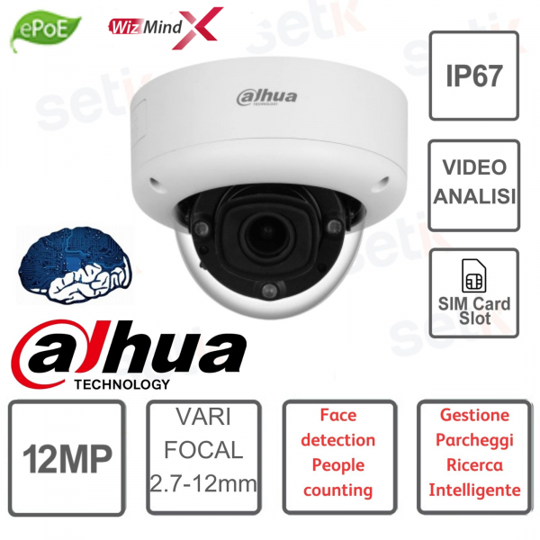 Cámara domo IP de óptica varifocal de 12MP 2.7-12mm WizMindX con análisis de vídeo - Dahua