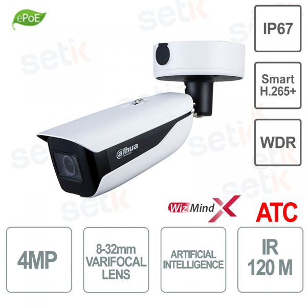 Telecamera bullet IP 4 MP ottica varifocale 8-32mm IA WizMindX ATC - Dahua