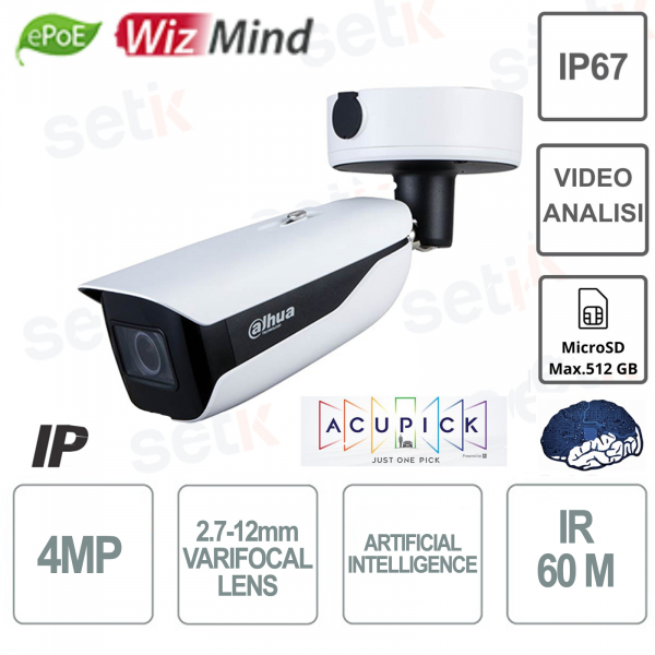 Cámara IP tipo bala IR60M de 4MP - Varifocal 2.7mm-12mm WizMind - IA - Dahua