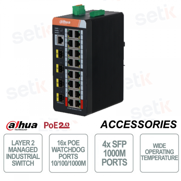 Switch de Red Industrial - 20 Puertos 16 Watchdog PoE 10/100/1000Mbps + 4 Puertos SFP 1000M