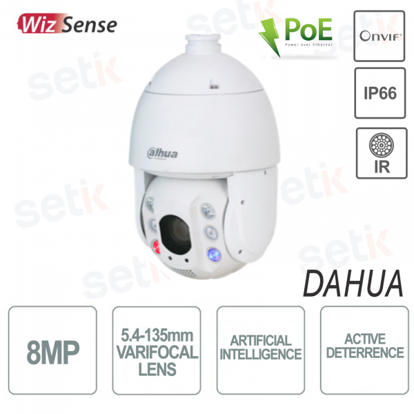 Cámara Starlight WizSense PTZ 8MP 5.4-135mm Onvif PoE IR150 Disuasión Activa Inteligencia Artificial IP66 - Dahua