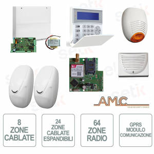 AMC burglar alarm kit - hybrid control unit 8/24 wired zones - 64 radios