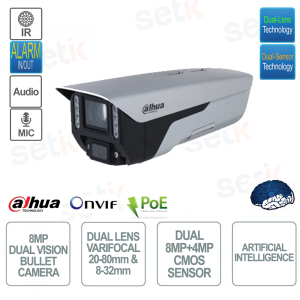 POE ONVIF IP-Bullet-Kamera – Doppelobjektiv und Doppelsensor 8 MP + 4 MP – 20–80 mm und 8–32 mm Varifokal – KI