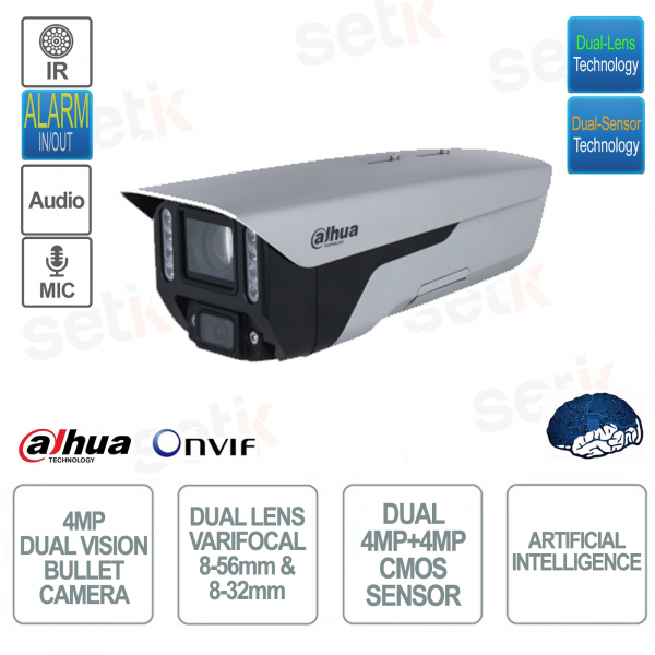 Cámara Bullet IP ONVIF - Doble lente y doble sensor de 4MP - Lentes varifocales de 8-56 mm y 8-32 mm - Dahua