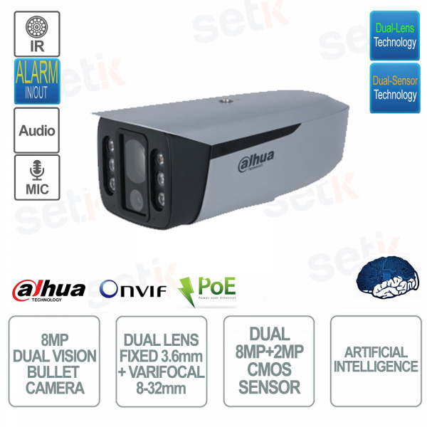 ONVIF POE IP Bullet Camera - Dual Lens & Dual Sensor 8MP+2MP - 3.6mm Fixed & 8-32mm Varifocal - AI