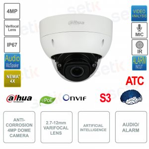 Telecamera Dome IP POE ONVIF - 4MP - Ottica 2.7-12mm - ATC - Intelligenza artificiale - Smart IR 40m - S3