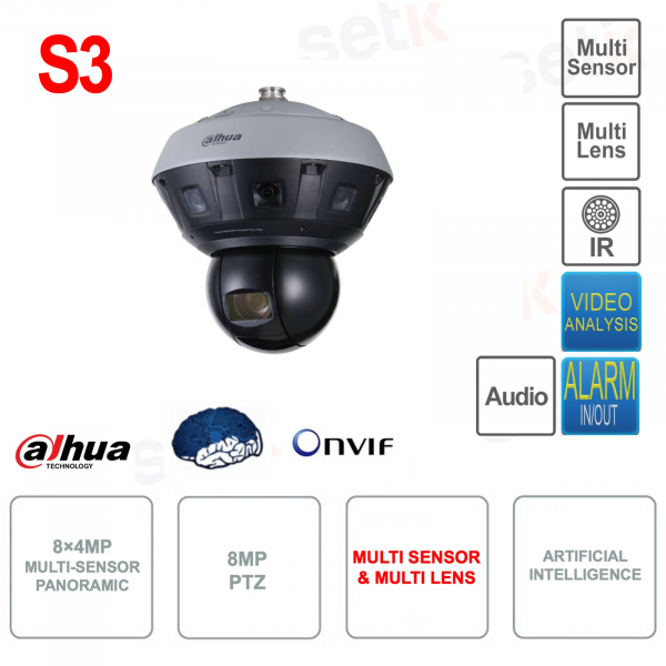 Cámara IP ONVIF® Panorámica y PTZ - Multilente - Multisensor - 8x4MP 2.8mm - PTZ 8MP zoom 45x - IA - S3