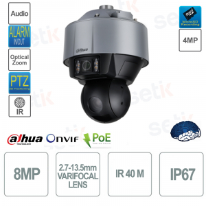 Telecamera PTZ IP POE ONVIF da esterno - 4MP - Doppia ottica varifocale 2.8-12mm & 5.4-135mm - AI - Dahua