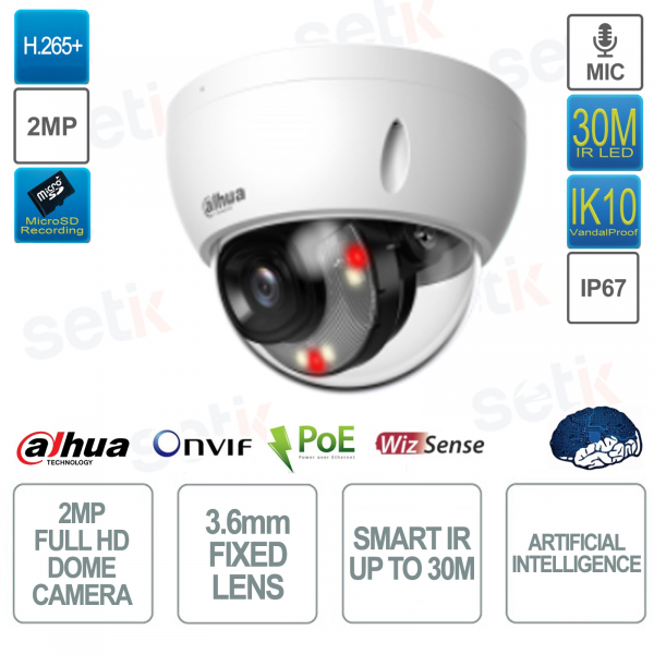 2MP IP POE ONVIF® Dome-Kamera – 3,6-mm-Objektiv – Smart IR 30 m – Künstliche Intelligenz – Weiß – Dahua