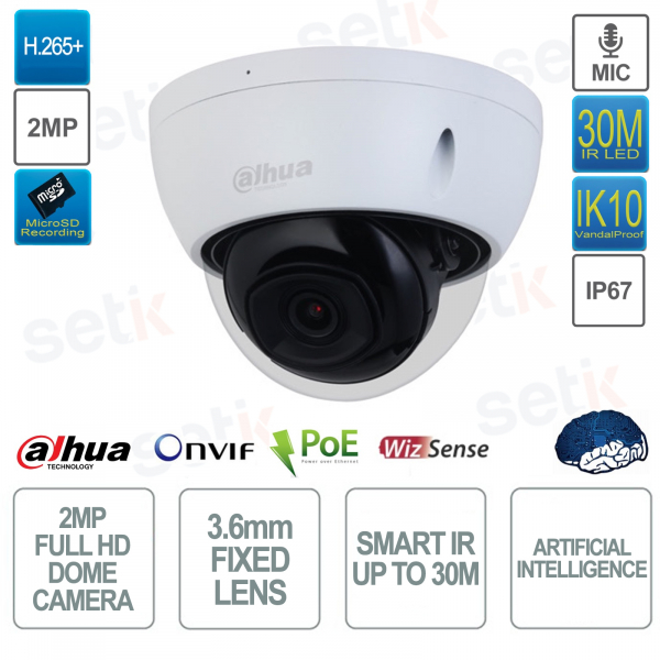 2MP IP POE ONVIF® dome camera - 3.6mm lens - Smart IR 30m - Artificial intelligence - White - Dahua