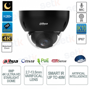 Cámara domo 8MP 4K IP POE ONVIF® - Lente 2.7-13.5mm - IR 40m - Inteligencia artificial - Negro