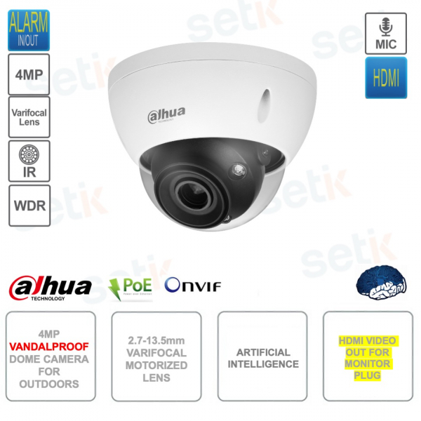 4MP Camera - 2.7-13.5mm Lens - HDMI Output - Artificial Intelligence - Vandal-Proof Outdoor