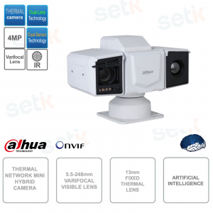 Telecamera Ibrida IP ONVIF - Ottica termica 13mm - Visibile 5.5-248mm varifocale - Intelligenza artificiale - Audio - Allarme