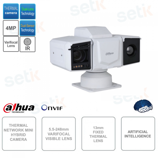 Telecamera Ibrida IP ONVIF - Ottica termica 13mm - Visibile 5.5-248mm varifocale - Intelligenza artificiale - Audio - Allarme