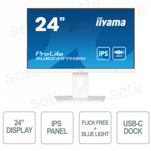 IIYAMA - Moniteur 24 pouces - FullHD 1080p @100Hz - Rotation HAS + PIVOT des deux côtés - Dock USB-C - Blanc