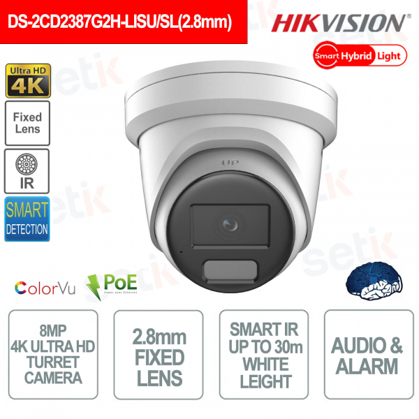 Telecamera ColorVu 8MP 4K Ultra-HD IP POE Turret da esterno - Ottica 2.8mm - Intelligenza artificiale - Microfono