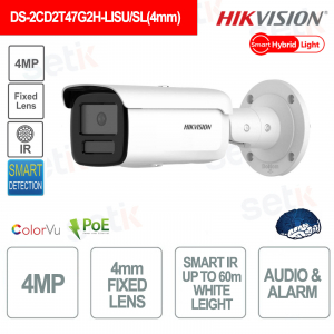 Caméra Bullet IP POE Hikvision ColorVu 4MP 4mm Lumière hybride intelligente IR 60M