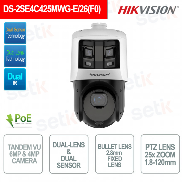 Telecamera IP PoE TandemVu 6MP & 4MP - Doppio Sensore CMOS - Doppia ottica - Zoom 25x - Doppio IR