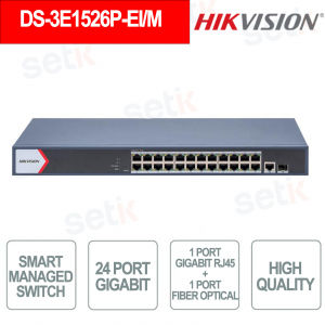 Switch Intelligente Hikvision 24 porte Gigabit PoE + 1 Gigabit RJ45 + 1 per fibra ottica