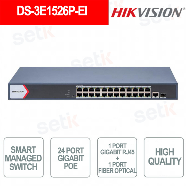 24-Port Gigabit PoE + 1 Gigabit RJ45 + 1 Fiber Optic Smart Switch - Hikvision