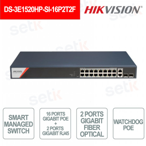 Commutateur intelligent PoE 16 ports 10/100/1000 Mbps Hikvision - 2 ports Gigabit RJ45 + 2 ports SFP