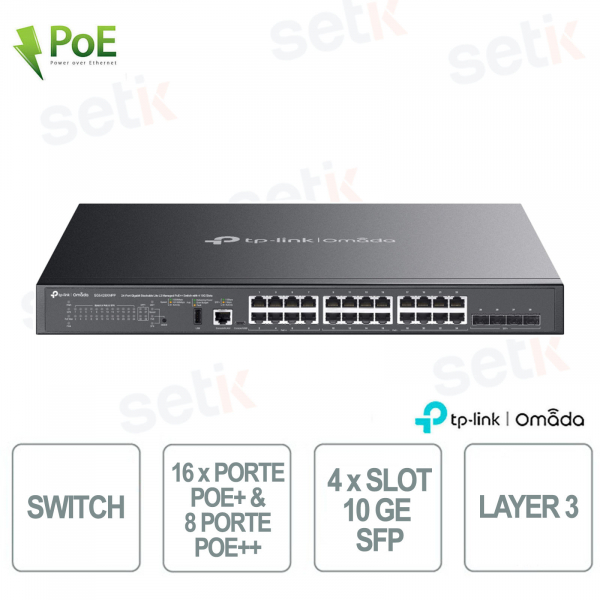 TP-Link Omada SG5428XMPP Switch con 16 Porte PoE+, 8 Porte PoE++, 4 Slot 10 GE SFP - Managed L3