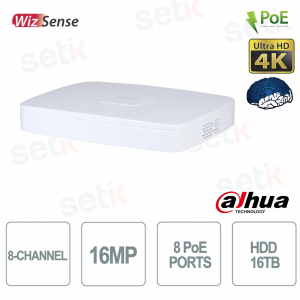 Enregistreur vidéo numérique IP 8 canaux 4K H.265+ 16 MP, 8 ports PoE WizSense, 1 disque dur - Dahua