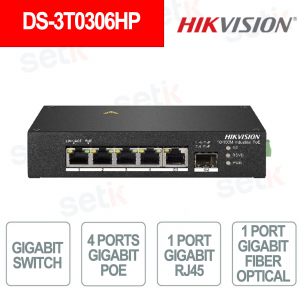 Switch di rete 4 porte Gigabit PoE + 1 porta Gigabit RJ45 + 1 porta Gigabit fibra ottica - Hikvision