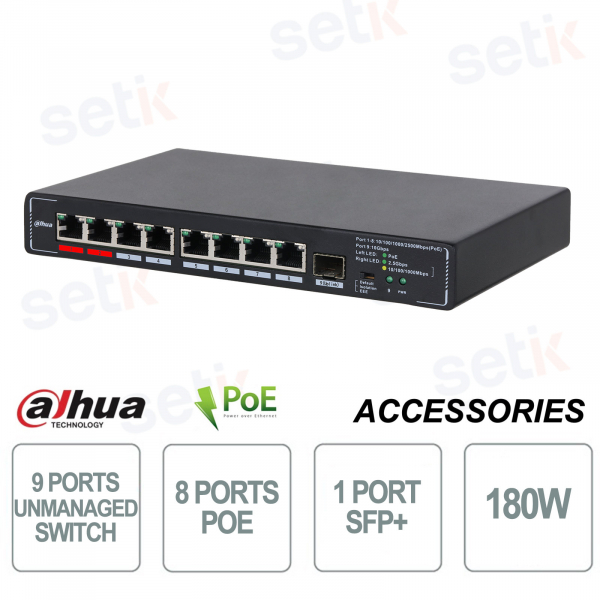 Switch Unmanaged Desktop - 9 porte - 8 PoE + 1 SFP+ 10 Gbps - Dahua