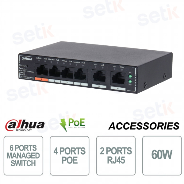 Managed Desktop Switch - 6 ports - 4 PoE + 2 RJ45 - power 60W - Dahua