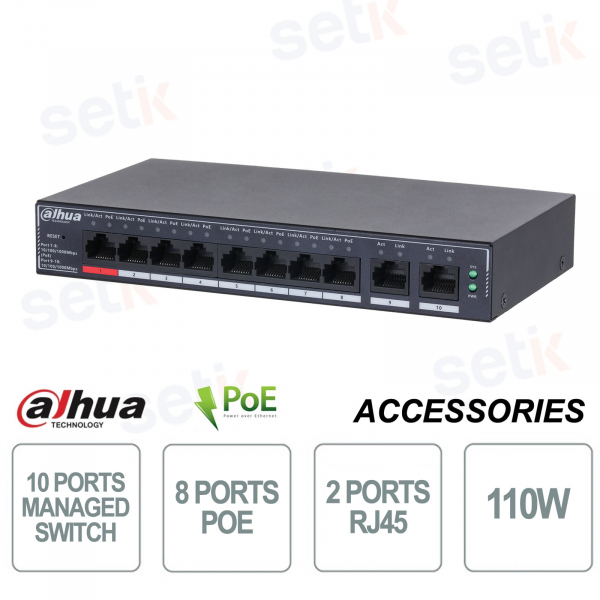 Switch Managed Gigabit - 10 porte 8 porte PoE + 2 porte RJ45 - Layer 2 - Dahua