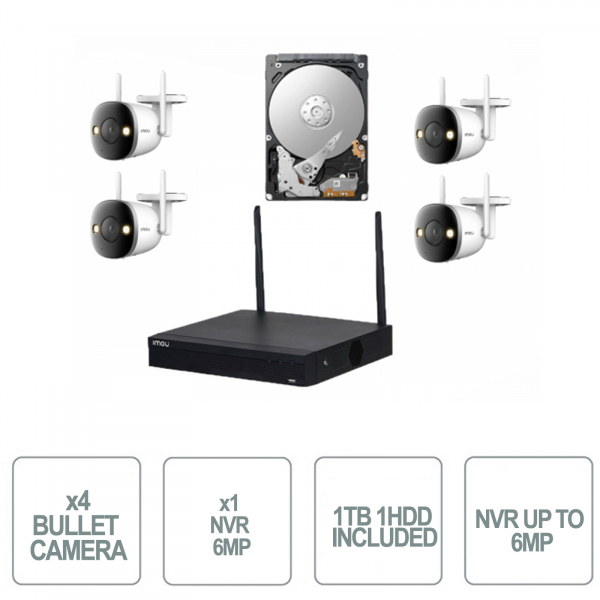 Imou Kit - 4x Telecamere Bullet WIFI 2MP Ottica Fissa 2.8mm + 1x NVR 4 Canali IP 1080P WIFI - HDD da 1TB Incluso