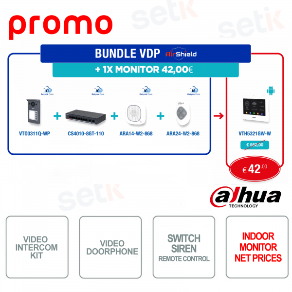 Bundle VDP Dahua AirShield – Videocitofono+ Switch + Sirena + Telecomando + Monitor Interno in Promo