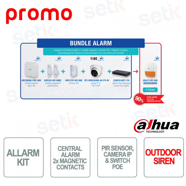 Bundle ALARM Dahua – Centrale allarme+Contatto magnetico+Sensore PIR+Eyeball IP+Switch+Sirena Esterno in Promo