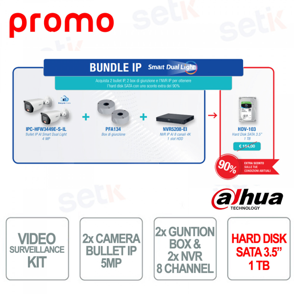 Bundle IP Smart Dual Light Dahua – 2 telecamere bullet IP + 2 box di giunzione + NVR IP + Hard Disck in Promo