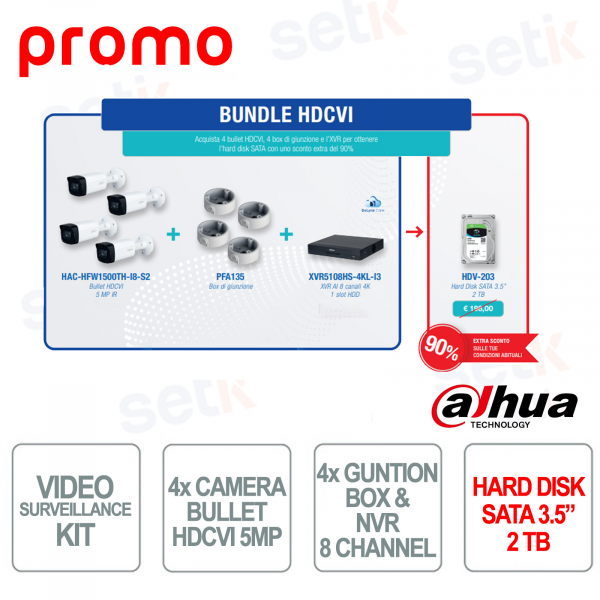 Bundle HDCVI Dahua – 4 telecamere Bullet HDCVI 5MP + 4 Box di giunzione + XVR AI 8 canali + Hard Disk in Promo