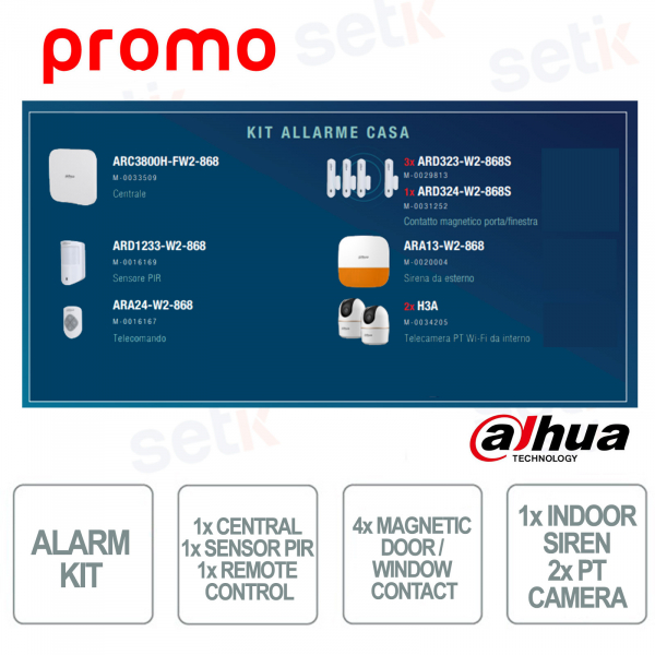 Bundle Casa Dahua – 1 centrale + 1 Sensore PIR + 1 telecomando + 4 contatti magnetici + 1 sirena + 2 telecamere PT