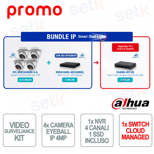 Bundle IP Smart Dual Light Dahua – Videosorveglianza 4 MP con NVR SSD e Switch Cloud incluso