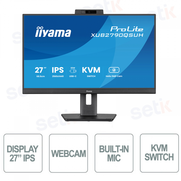 Monitor Iiyama ProLite XUB2790QSUH-B2 27" IPS QHD con Webcam Windows Hello, USB-C 65W e KVM Switch