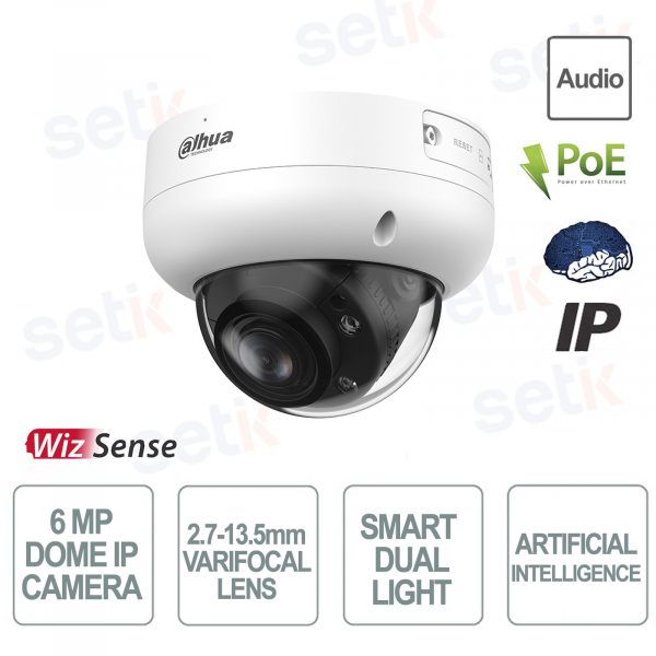 Dahua 6MP Dome IP Camera with 2.7–13.5mm Varifocal Lens, Advanced AI and Smart Dual Light IP67