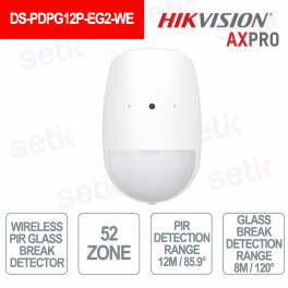 Hikvision AXPro Motion Sensor Pir-Glass Break Sans fil 868Mhz 12M 85,9 ° Immunité aux animaux