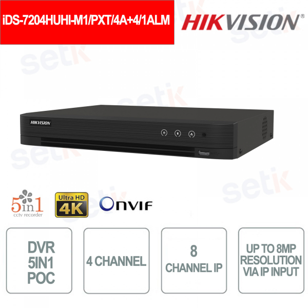 Hikvision iDS-7204HUHI-M1/PXT/4A+4/1ALM – DVR AcuSense 4CH con allarmi integrati