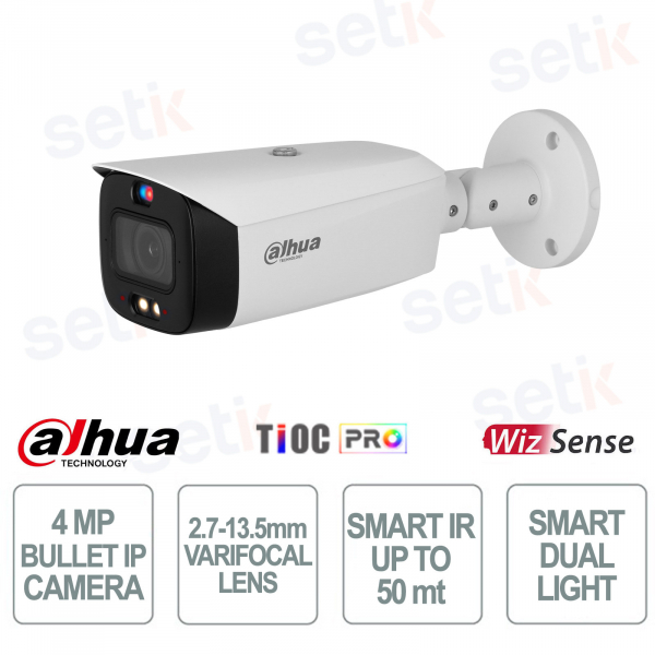 Telecamera Dahua 4MP IP Bullet Bianca Varifocale 2.7–13.5mm con AI e Visione Notturna